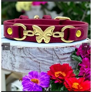 Butterfly Handmade Leather Dog Collar,  Red Violet, Large New